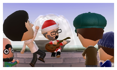 Santa Claus plays his guitar and sings songs to a guy with an upside down face, the Medic from Team Fortress 2, Luigi, and DanTDM (I watched his series back in the day).